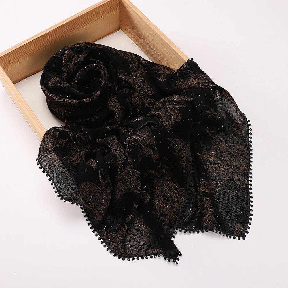 Vintage Glitzer-Hijab für Frauen, schwarz-brauner Schal mit Blumenmuster und Quastenrand, muslimisches Kopftuch, islamischer Schal. – Detail 2