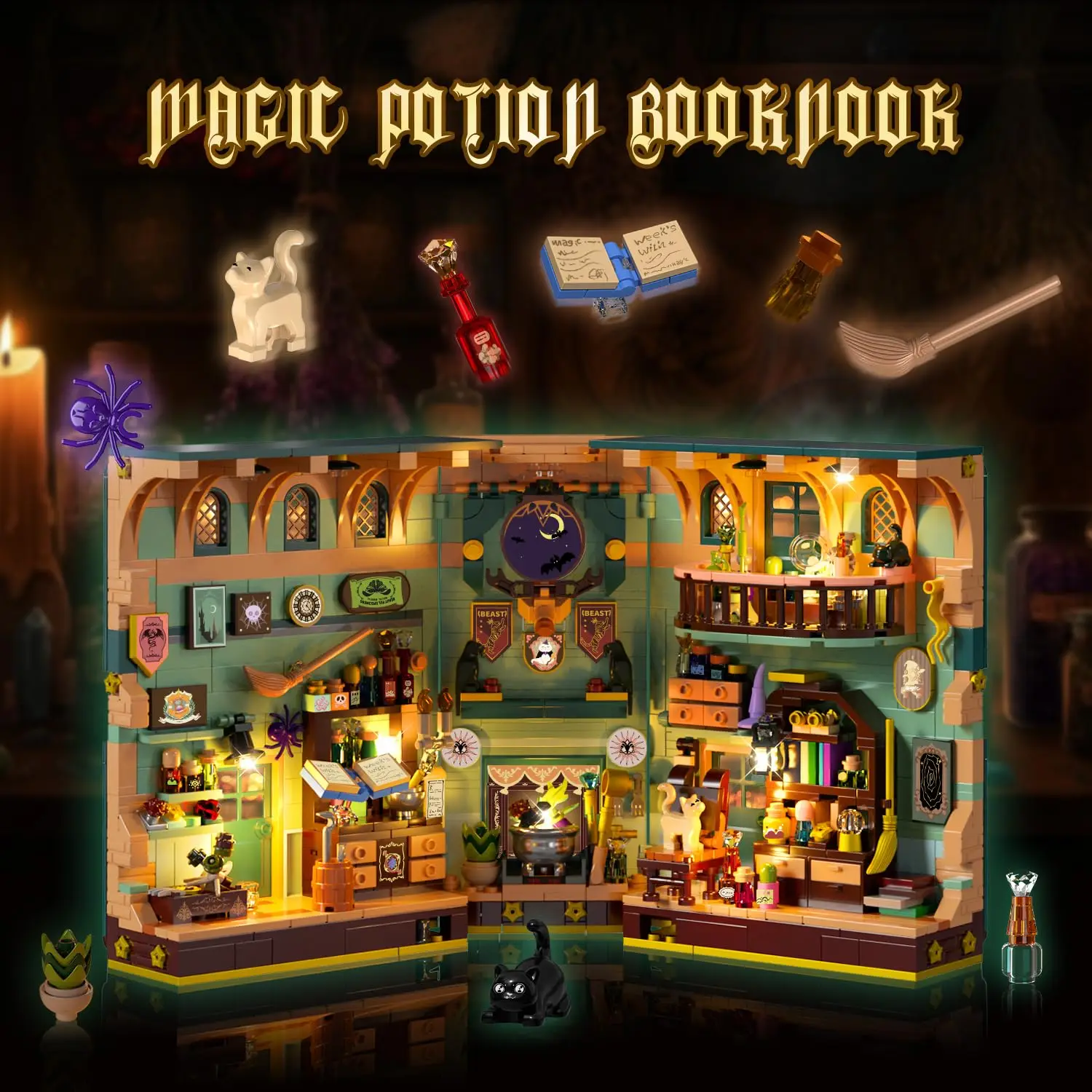 INSOON Magic Booknook Building Set with Light for 8+ Boys Girls Christmas Gift 990PCS Halloween Magic Book Nook Building Block Kit for Bookshelf Home Decor DIY Bookend Mini House Model for Adults