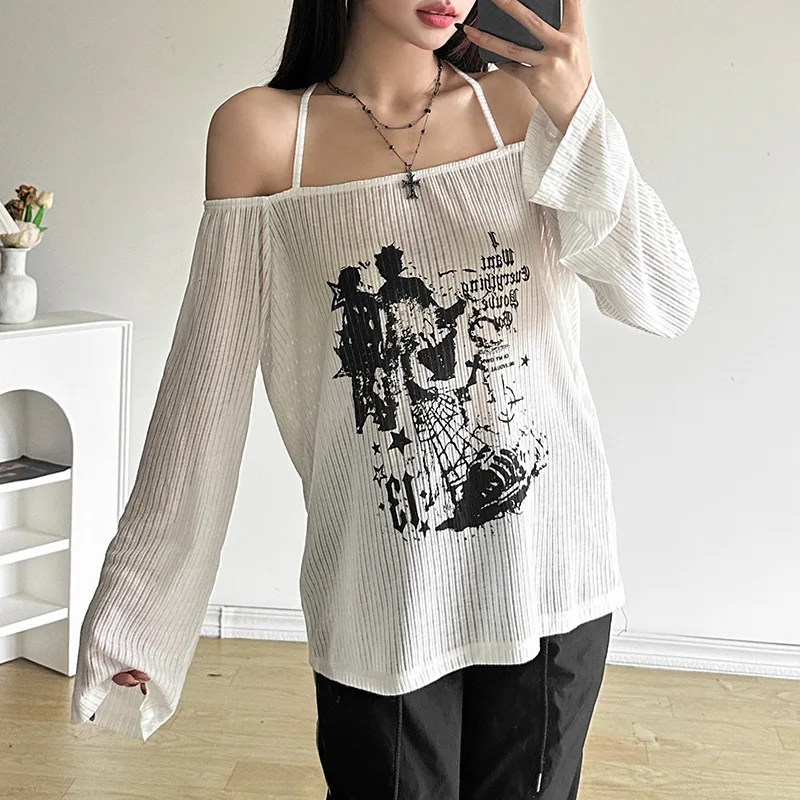 

Fashion 2024 Summer New Women's Clothing Spicy Girl Personalized Street Printed One Shoulder Loose And Versatile Perspective Top