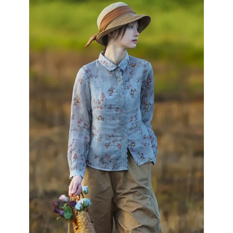 

Women's Blue Floral Print Linen Blouse Turn Down Collar Lace Trim Button Down Casual Loose Fit Tops