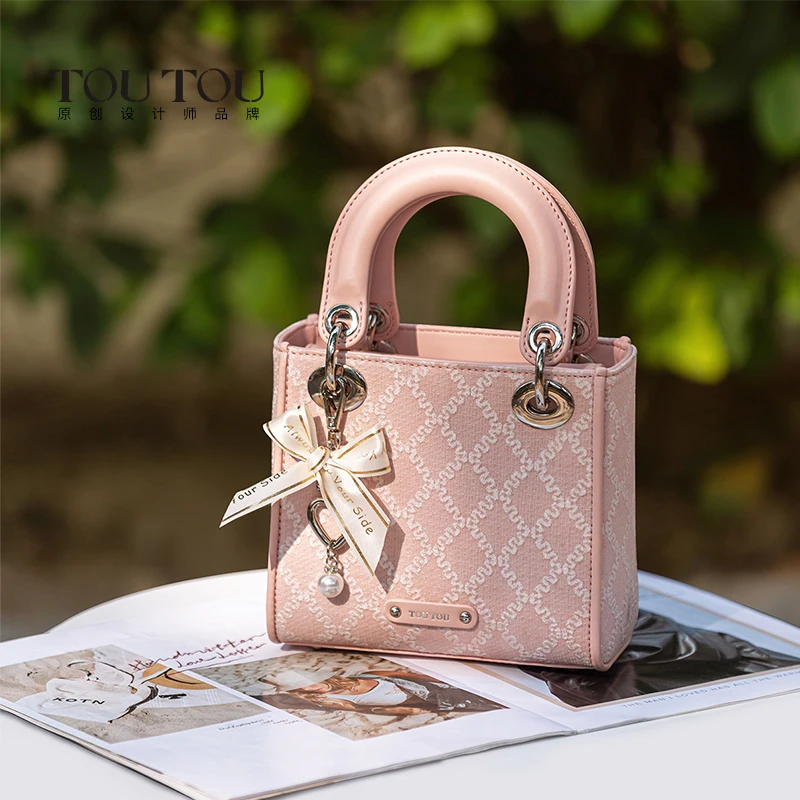 TOUTOU Ręczna torba na ramię Argyle Jacquard Fashion Bow Decor Satchel Purse Damska mała torba na ramię Różowa czarna biała torba damska