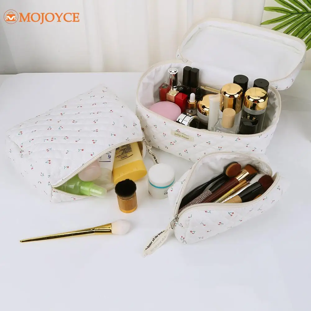 3PCS Women's Cotton Quilted Makeup Bag Cute Bear/Strawberry Aesthetic Organizer Boxes Multifunction Storage Coquette Cometic Bag