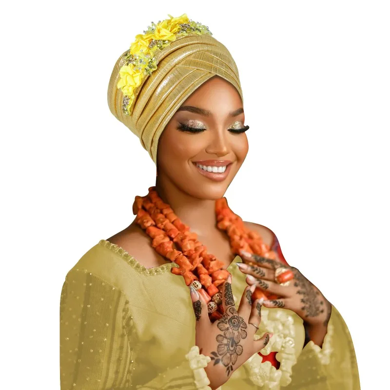 

Fashion Women African Turban Cap Lady Head Wraps Nigeria Wedding Auto Gele Headtie Party Headgear Headwear Hat Outfits