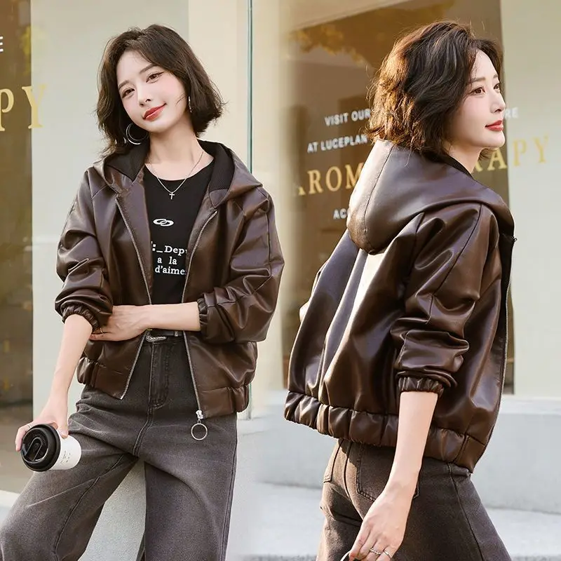 Hooded High-end Leather Jacket 2026 Sheep Spring And Autumn Washed Leather Jacket Motorcycle Short Jacket Casual Ginger Yellow