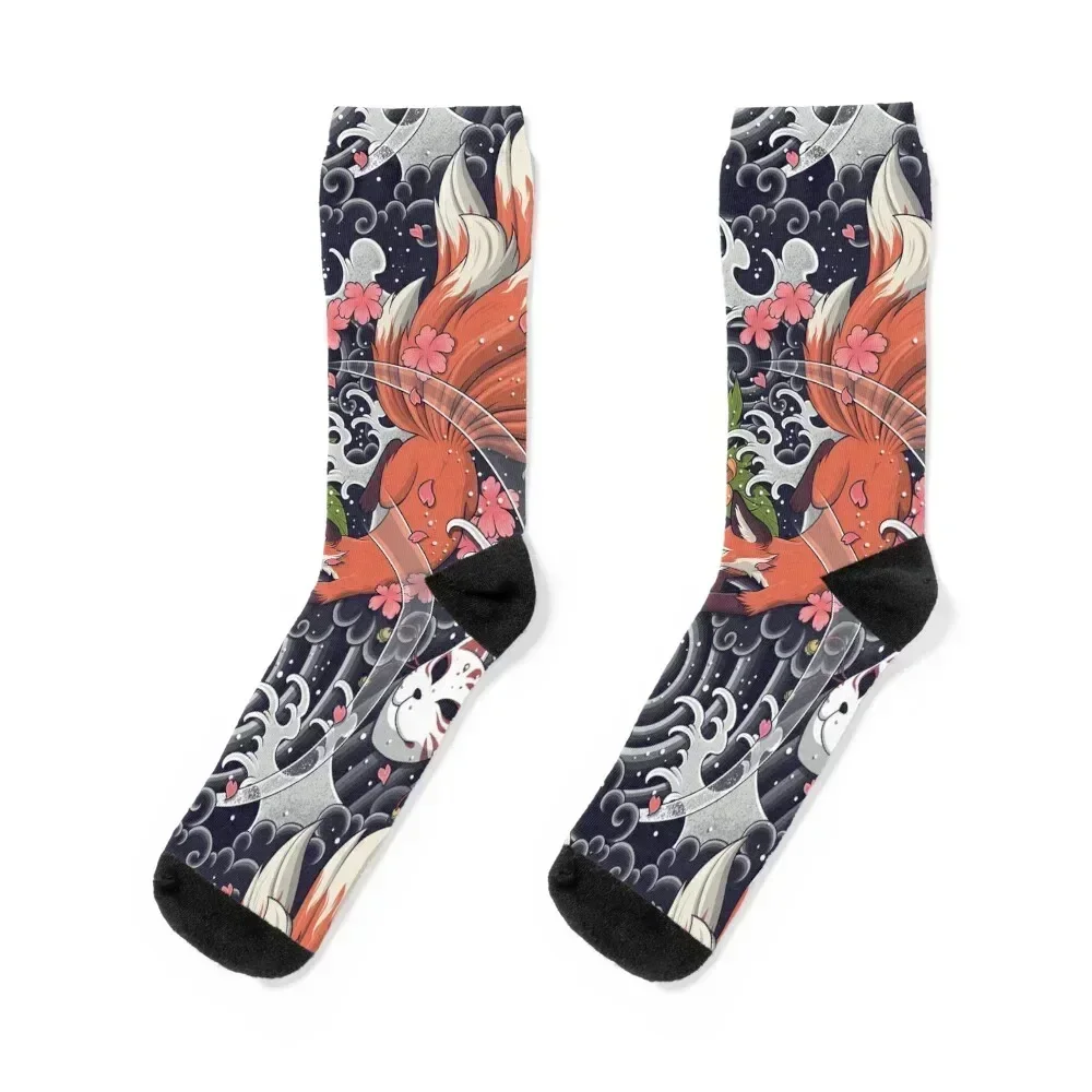 

Nine Tailed Fox Spirit Playing in the Rain Socks cool floor Heating sock custom Socks For Girls Men's