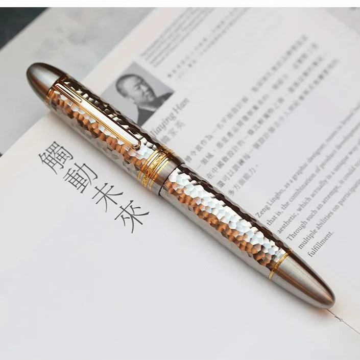

MAJOHN P141 Titanium Large Piston Fountain Pen No.8 F Nib Hammered Texture for Smooth Writing and Calligraphy Office Supplies