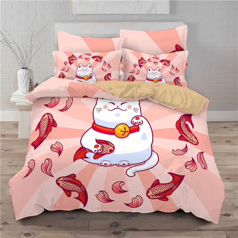 

Lucky Cat Bedding Set For Kids Girls Boys 3D Print Floral Duvet Cover Set Microfiber Chinese Traditional Style Comforter Cover