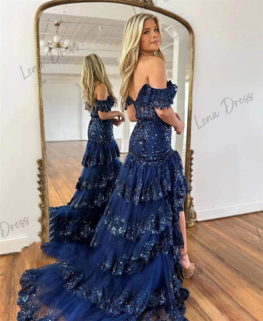 Lena-Mist blue beaded off shoulder sheer wedding dress with sparkling sequins, A-shaped custom dress, high and low long skirt,