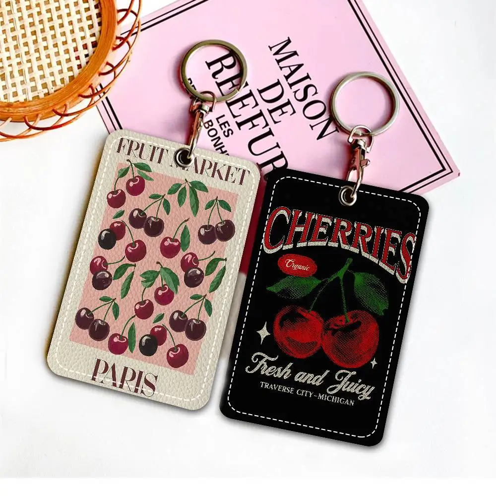 Cherry Simple Retro Classic Style Bank Card,Subway, Bus Card Holder Keychain Key Ring Door Access Tags ID Card Case Keychain
