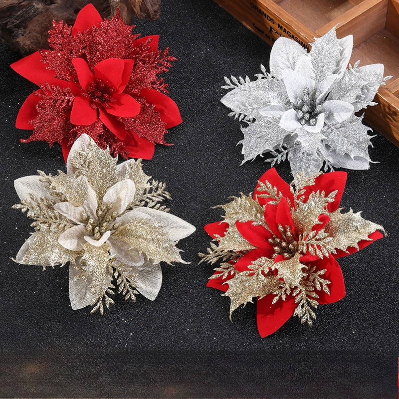 5pcs 14.5cm Glitter Artifical Christmas Flowers Mreey Christmas Tree Decoration Happy New Year Ornaments Xmas Fake Flowers natal