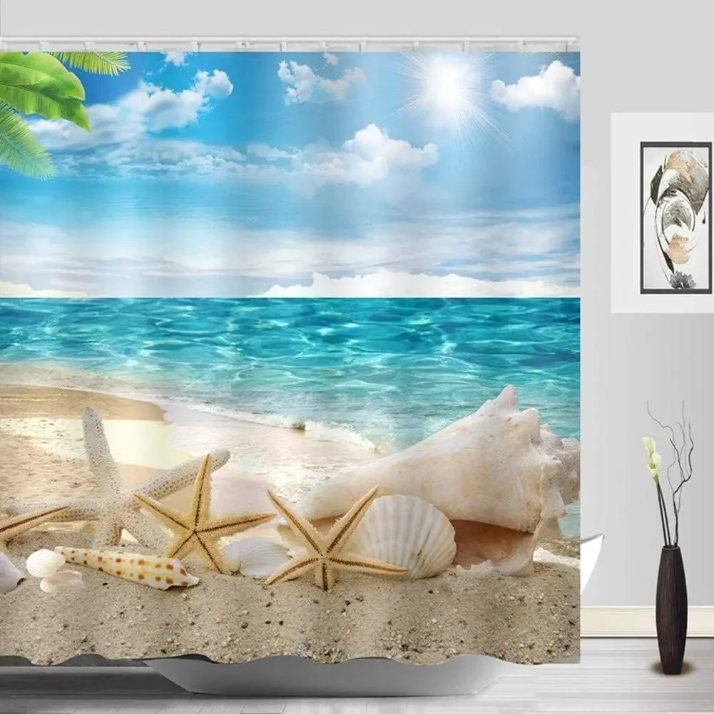 Ocean Shower Curtain, Beach Tropical Palm Island Sea Turtle Cat Sailing Flamingos Coral Shell, Bathroom Decor