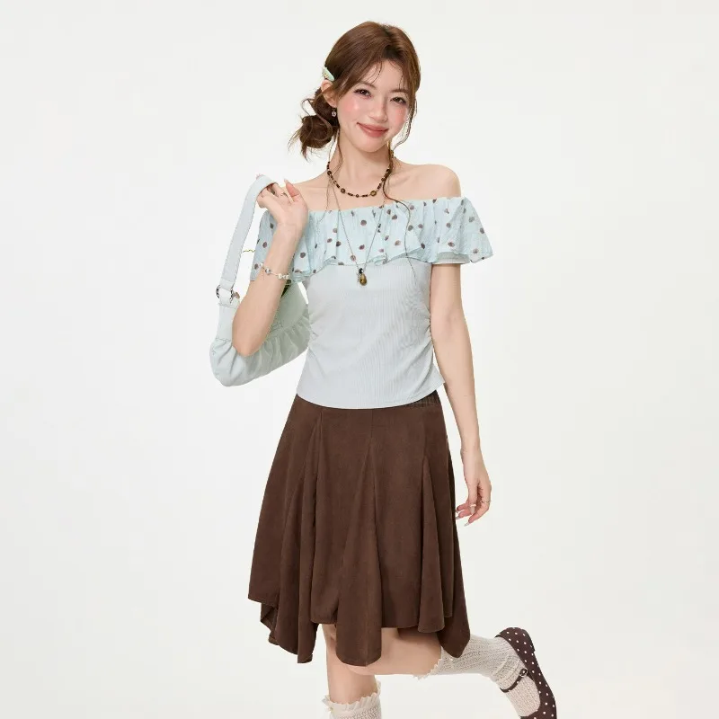 

Light Green Polka Dot Lotus Leaf One-shoulder Off-the-shoulder Short-sleeved T-shirt Slimming Short Top for Women Spring Summer