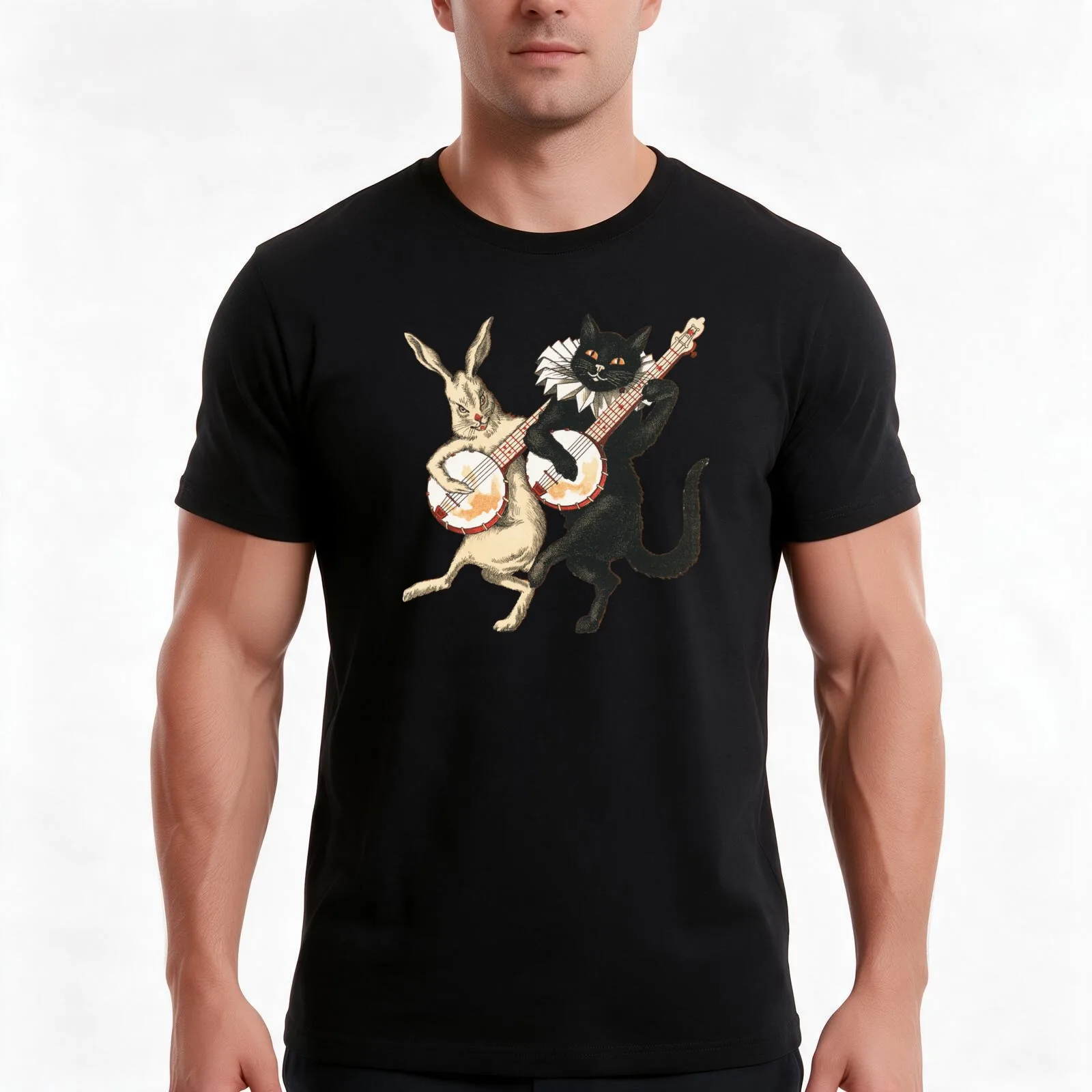 Musical Companions: Banjo Cat and Hare Cutout - N. L. Murphys Vintage Art T-Shirt, Summer Casual Cotton Tee, Unisex Men Women