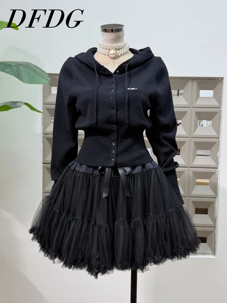 

DFDG 2023, весенне-летний женский элегантный вязаный комплект, кардиган с капюшоном и завязкой на талии, пышная тюлевая юбка на одной пуговице, комплект одежды в стиле ретро