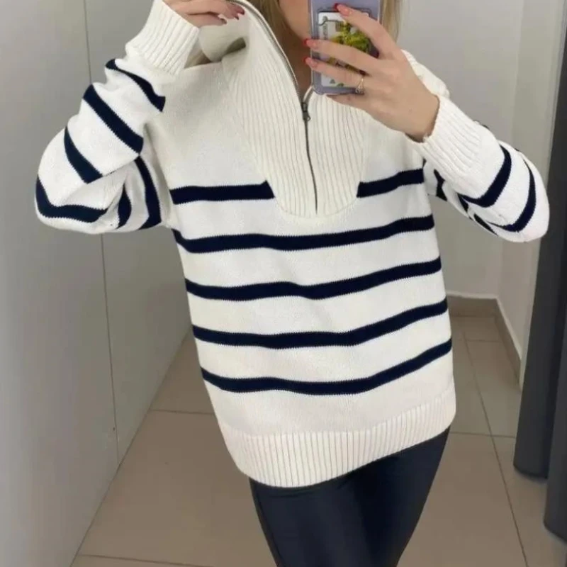 Zipper Striped Sweater Kintted Women Crochet Pullovers Streetwear Spring Autumn Winter Sweet Jumper Y2k Top Jumper Streetwear