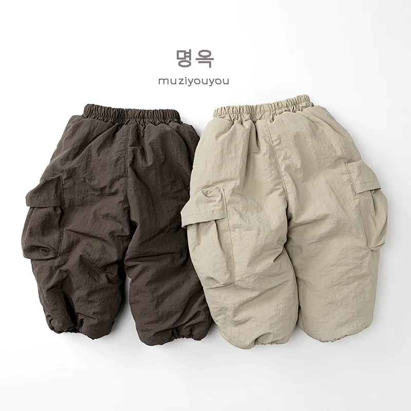 

Осенне-зимние детские штаны для мальчиков от 1 до 8 лет, толстые теплые флисовые брюки с карманами для бега, повседневные брюки-карго, корейская одежда для малышей, детская одежда