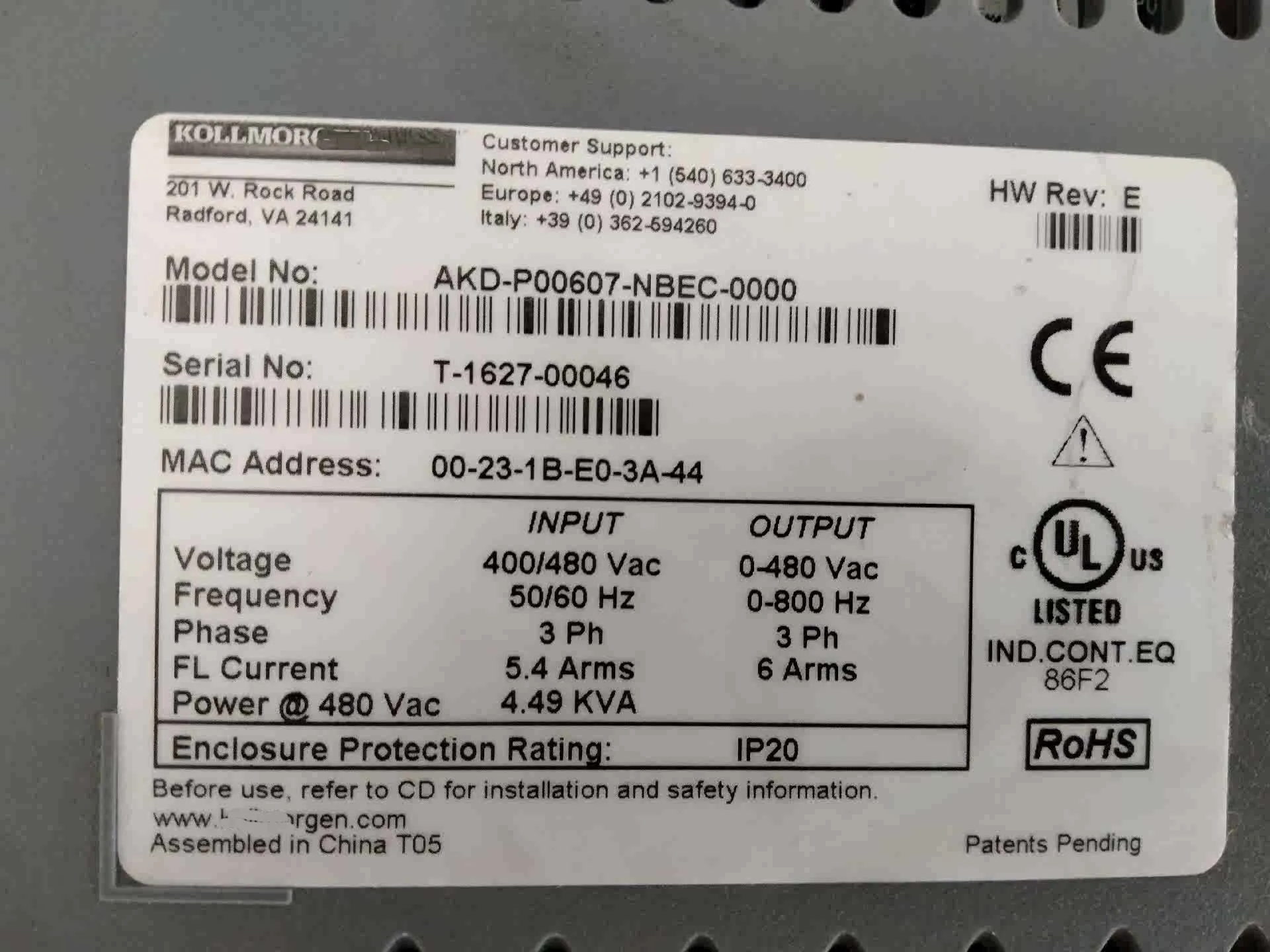 AKD-P00607-NBEC-0000 Сервопривод для Kollmorgen