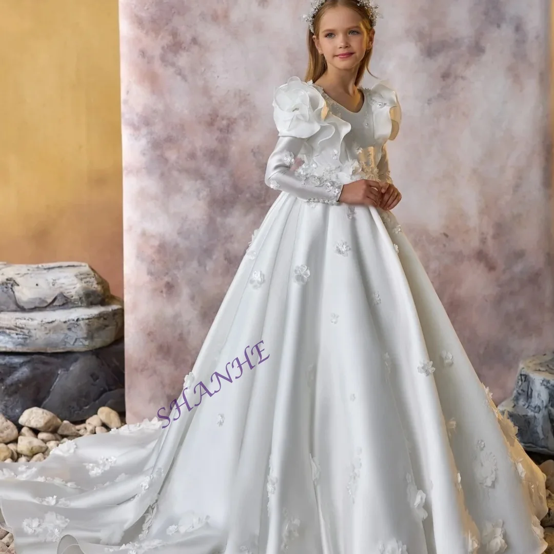 CustomizedLong Sleeve Flower Girl Dresses For Wedding 3D Floral Customized Litter Kids Baby Birthday Gowns First Communion Dress