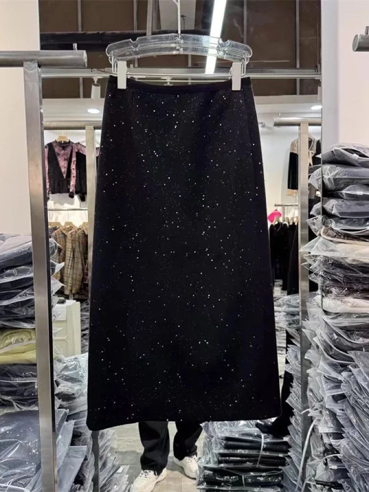 

plus Size Women's High Waist Elastic Waist Back Split Shiny Sequin Wrap Skirt Spring Autumn A-Line Midi Skirt Korean Style