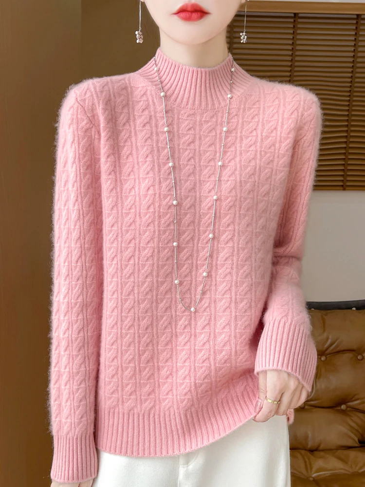 2024 New Thickened Cashmere Sweater Women\'s 100% Merino Pure Wool Autumn/Winter Half High Collar Wool Knitted Base Sweater