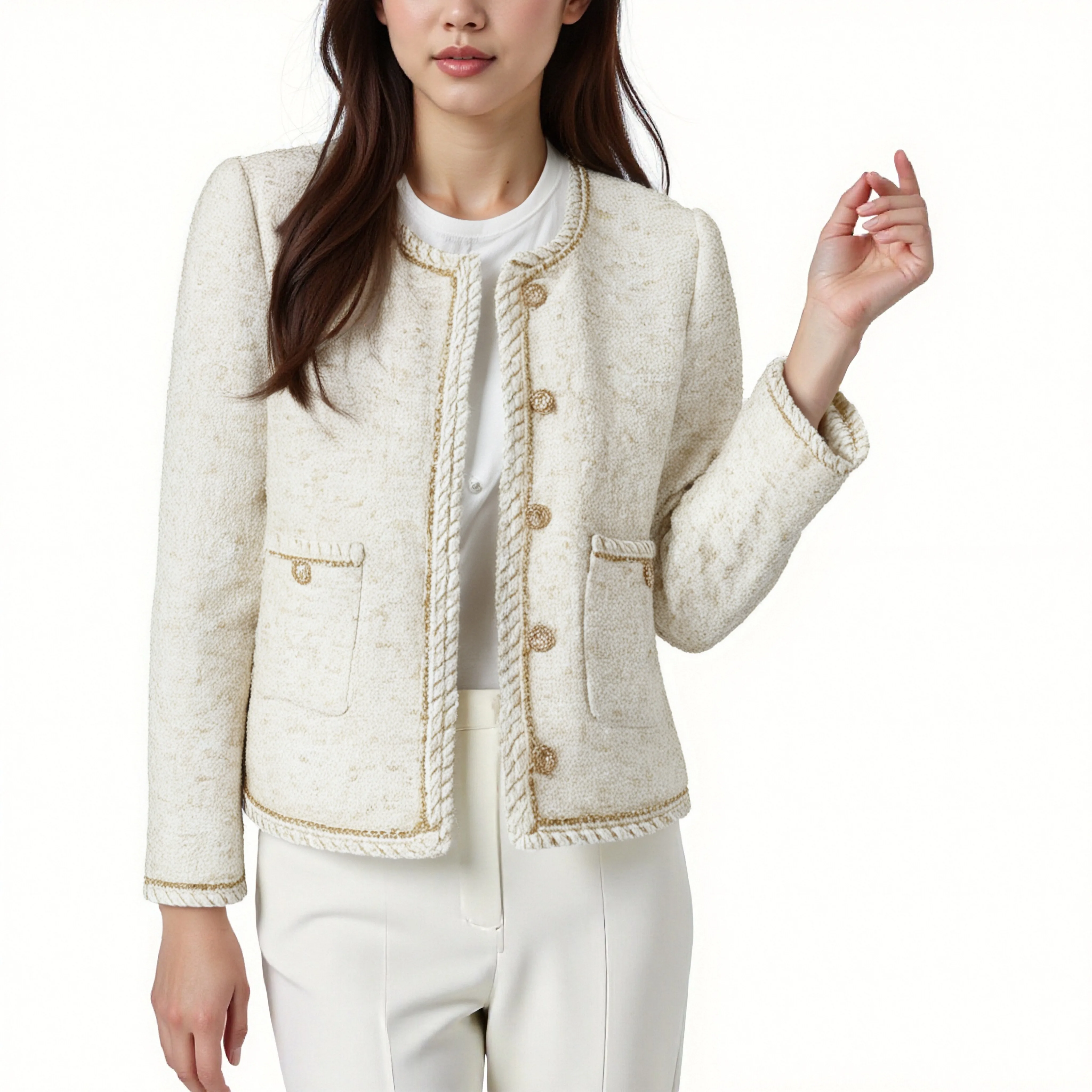 

New exquisite and elegant small fragrant style coarse woolen coat with chain webbing weaving temperament versatile top