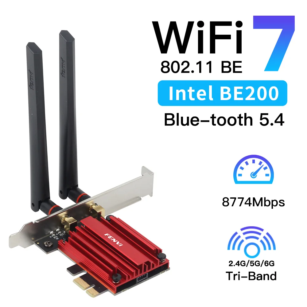 

Wifi 7 PCIE Wireless BE200 Adapter Bluteooth 5.4 Tri Band 2.4G/5G/6Ghz 8774Mbps 802.11AX Network Card Windows 10/11 PC Desktop