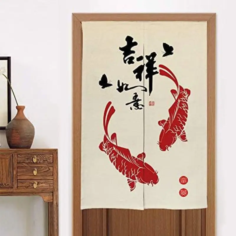 VIKAMA Lucky Red Koi Fish Butterfly Door Curtain Beige Background Chinese Calligraphy Auspicious Carp Paper Cut Art Linen Noren