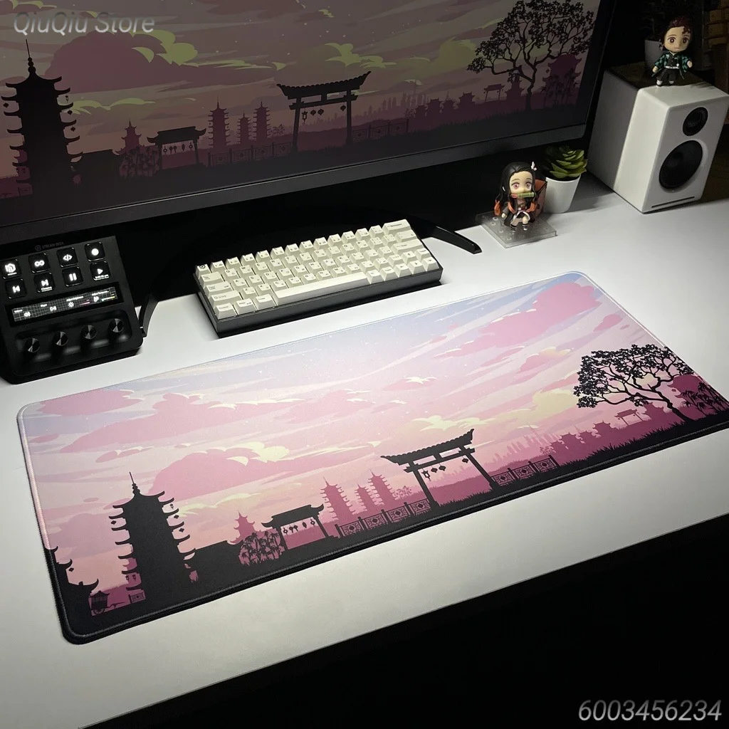 Japanese Scenery Large Mouse Pad, Mount Fuji Cherry Blossom Ocean Wave Extended Desk Mat Non‑Slip Rubber Base for Office Gaming