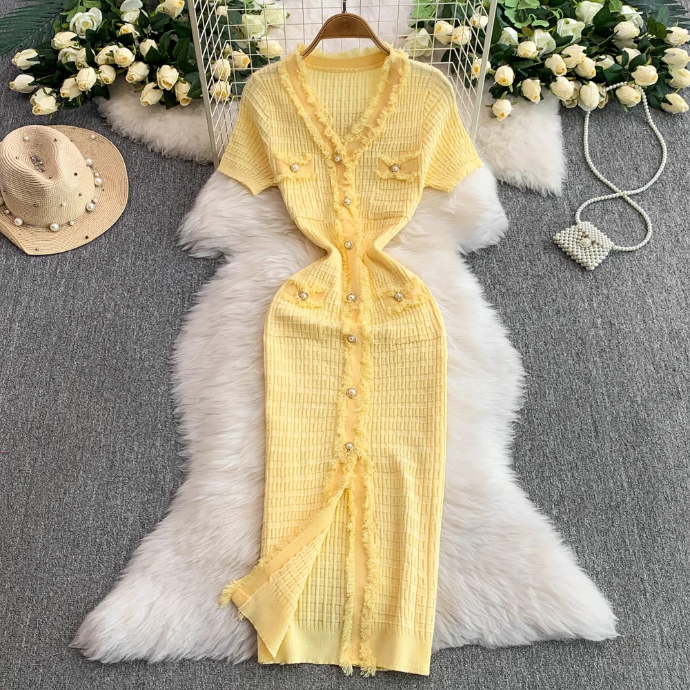 REALEFT Vintage Beadingปุ่มถักชุดสตรี 2025 ฤดูร้อนใหม่แขนสั้นVคอRuffles Single Breasted Wrap Dress