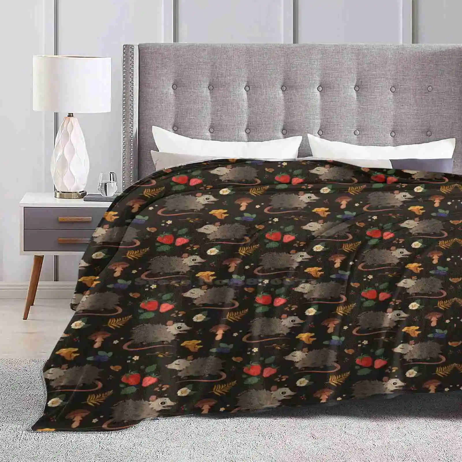 Possums & Treats Best Selling Room Household Flannel Blanket Mushrooms Opossums Toadstools Beige Yellow Cute Woodland Creatures