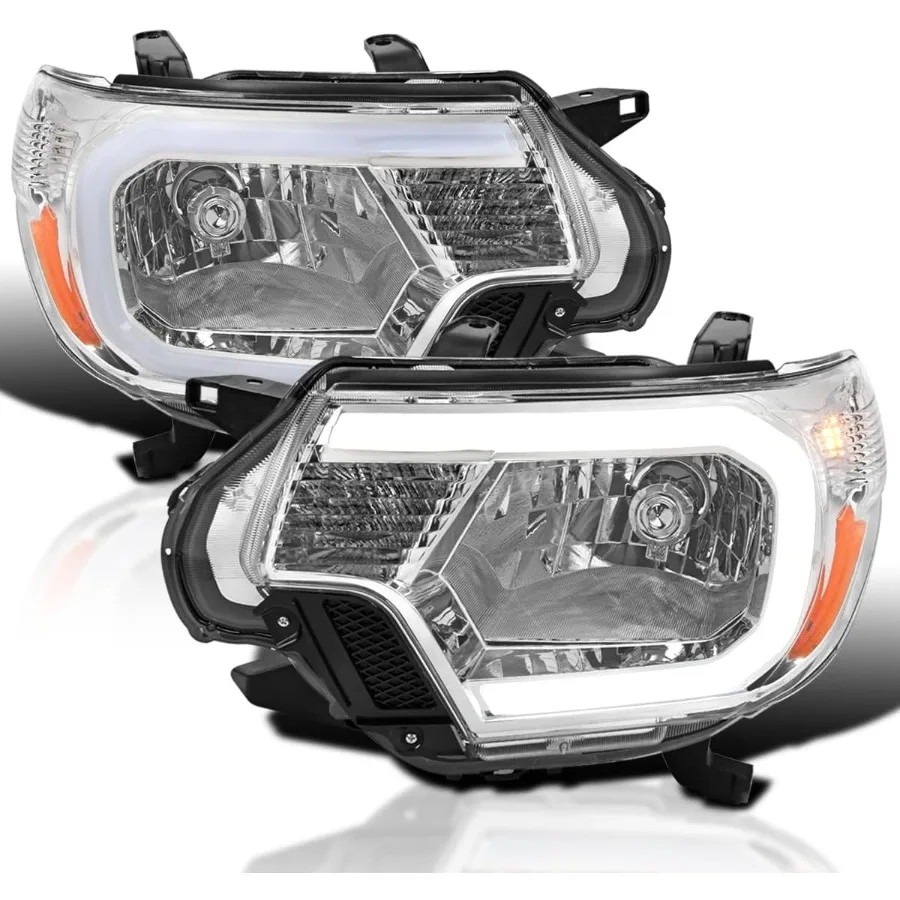 Chrome Headlights w LED Strip Compatible with 2012-2015 Tacoma Left + Right Pair Headlamp Assembly
