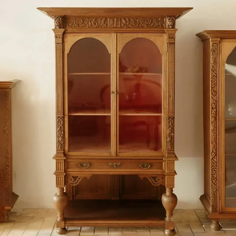 European retro solid wood engraving old glass display cabinet French engraved display cabinet Middle antique classical entrance