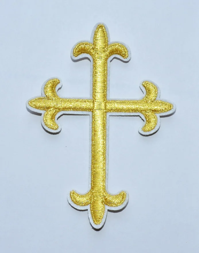 Gold Fleur De Lis Cross Iron on Embroidered Religious Patch 7.4x10cm C-h-r-i-s-t ThermoCollan Applique for Apparel Accessories