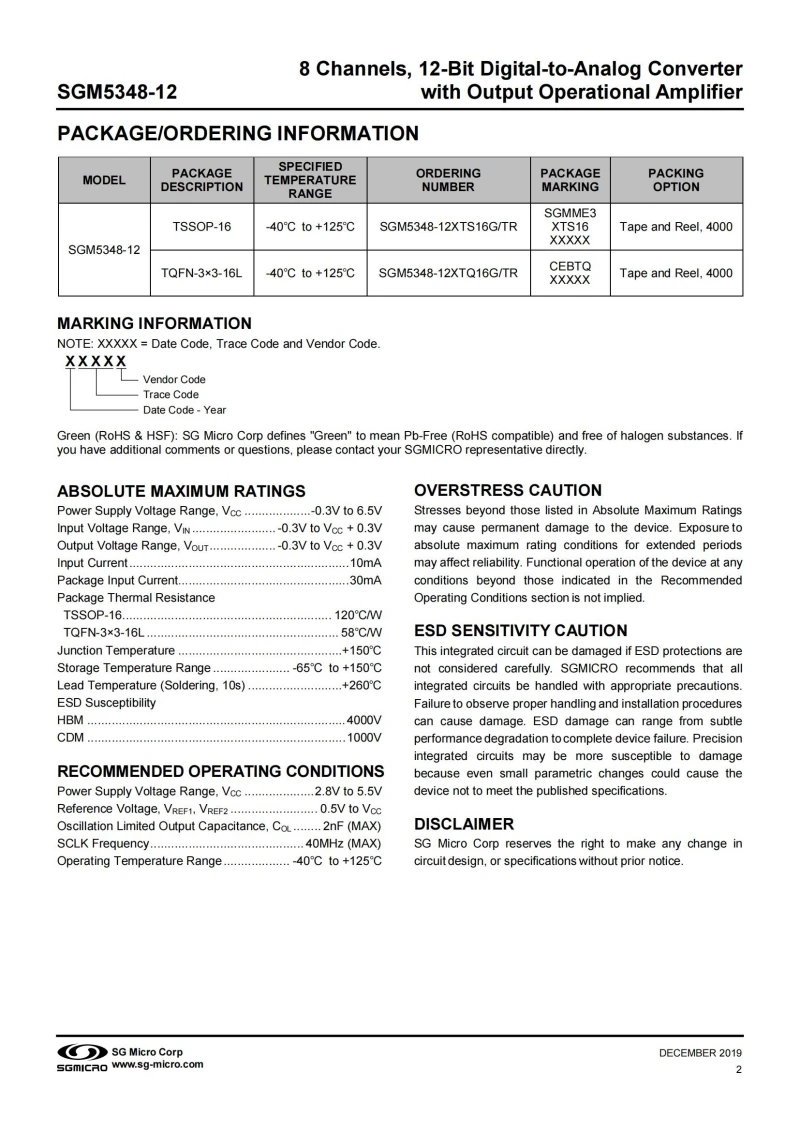 10Pcs/Lot SGM5348-12XTQ16G/TR 8 Channels,12-Bit Digital-to-Analog Converter with Output Operational Amplifier