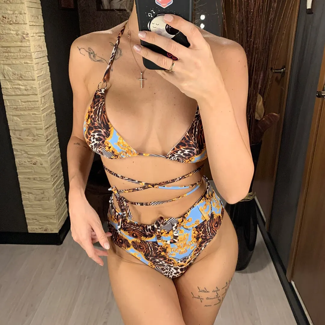 Umwickelnder Leoparden-Badeanzug für Damen, High-Waist-Bikini, zweiteiliger Bikini-Set, Neckholder-Badeanzug, Badebekleidung, Badeanzug V1926 – Detail 2