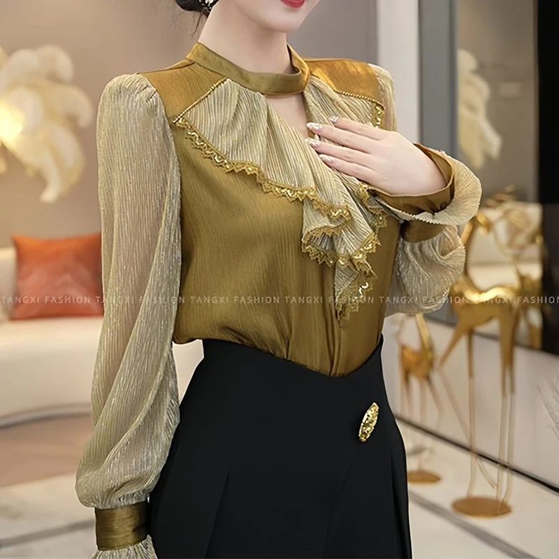 Women French Style Stylish Ruffles Lace Patchwork Shirt Office Lady Vintage Elegant Luxury Hollow Blouse Long Sleeve Loose Tops