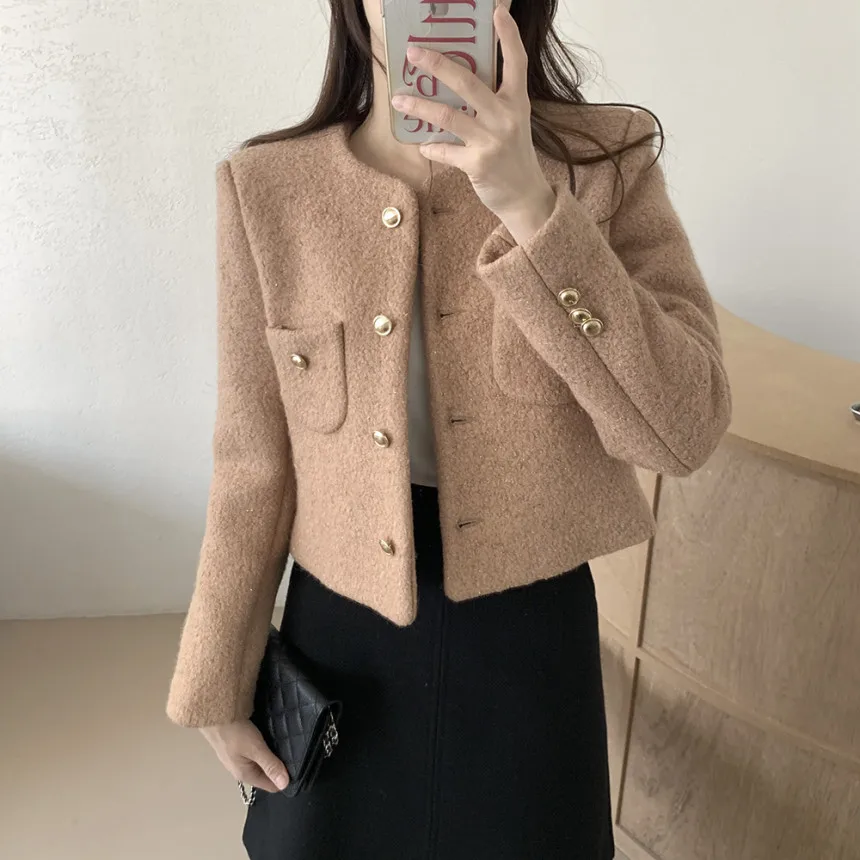 Korean Style Female Short Design Woolen Jackets for Autumn Long Sleeve O-neck Button Fly Office Lady Coats Slim Women's Cardigan