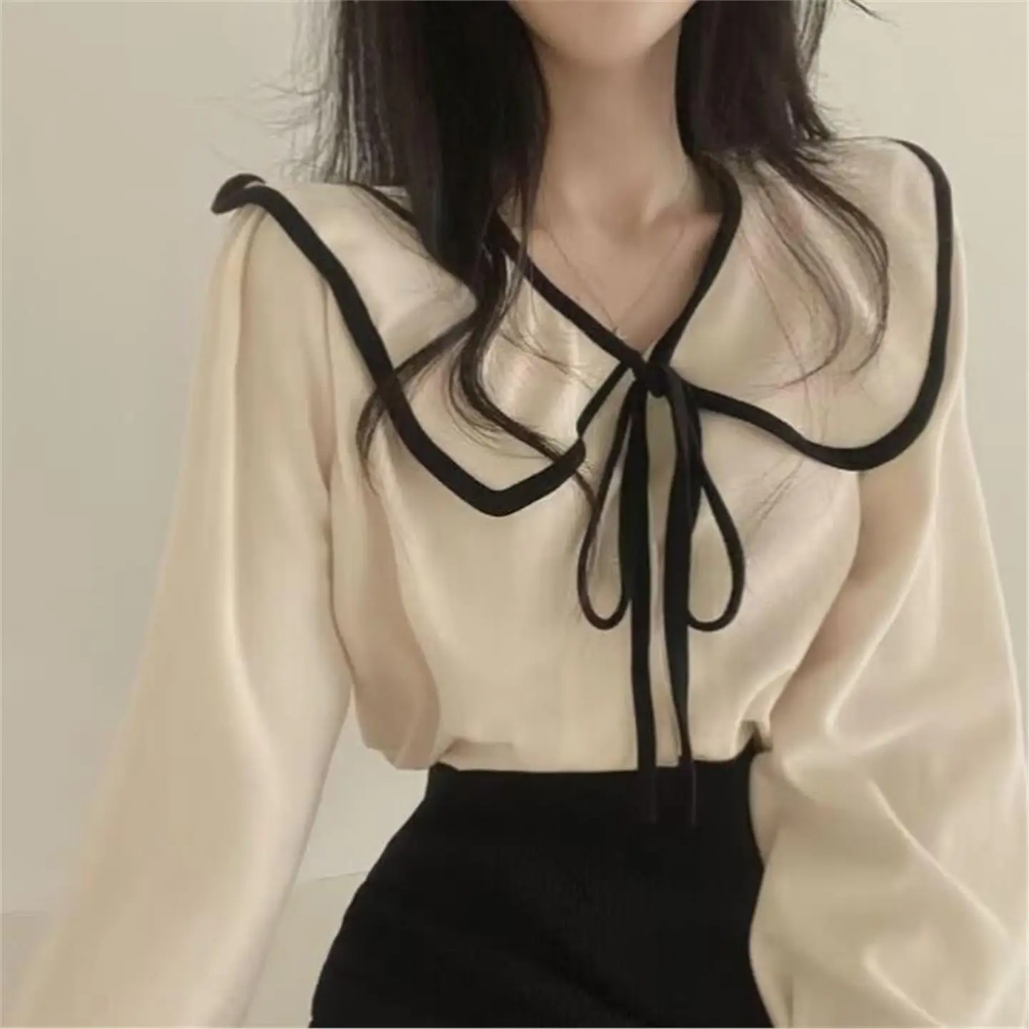 

Рубашка в французском стиле с длинными рукавами, свободного кроя, с большим воротником и бантом, из полиэстера, для женщин, премиум-класса, весна-осень