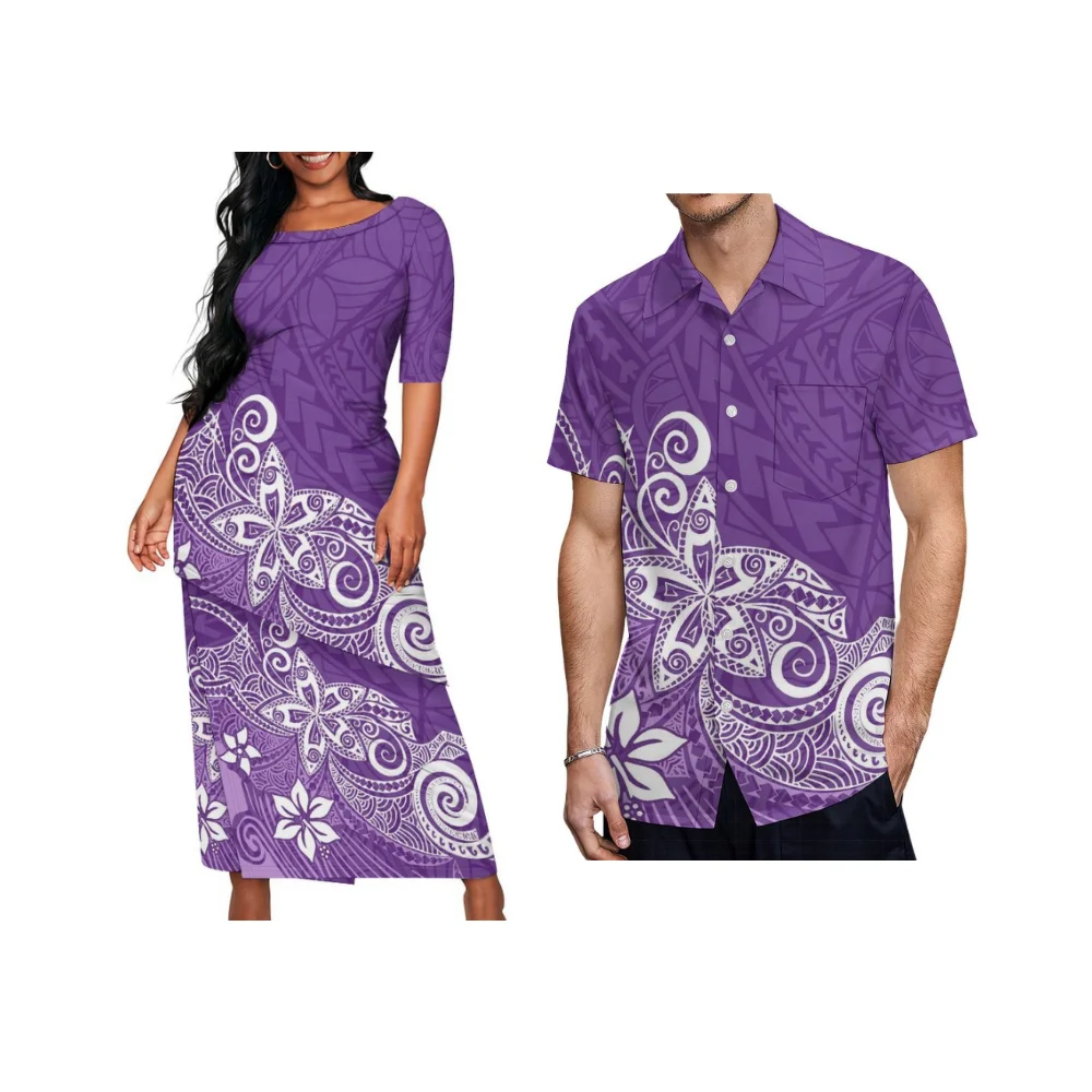 Conjunto de saia feminina de camada dupla com design de bainha inclinada de manga comprida e gola redonda em estilo Puletasi – Roupa de casal personalizada polinésia