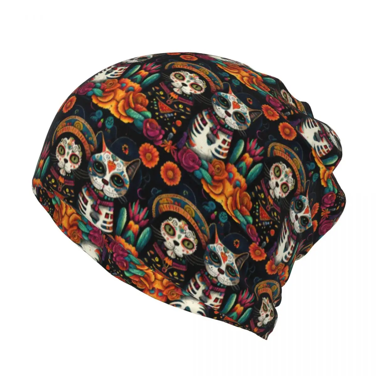 Day Of The Dead Kitten Cat Sugar Skull Dia De Los Muertos Bandana Neck Cover Wrap Scarf Balaclava Beanies Hat Unisex Breathable