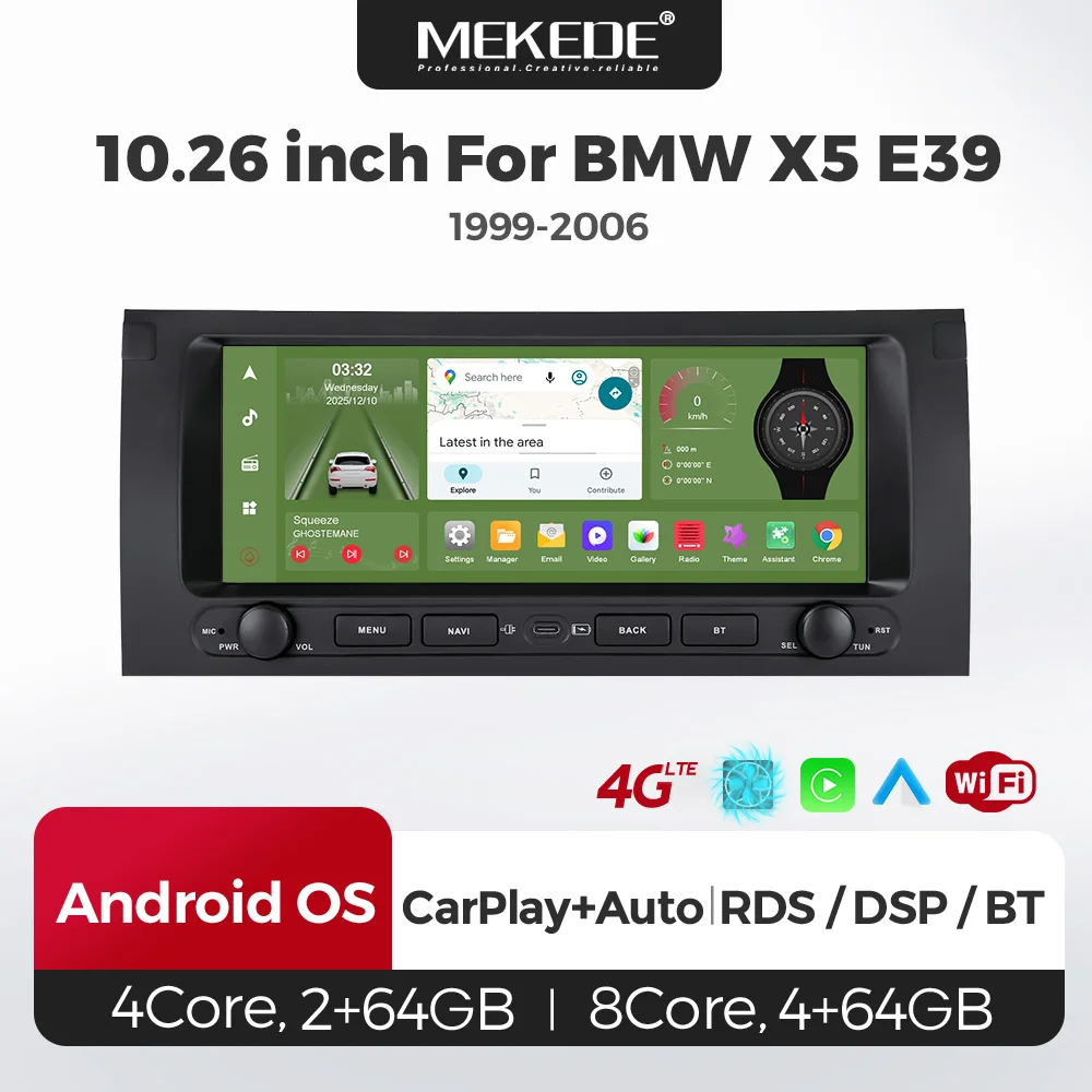 MEKEDE 10.26inch Europe Entrepôt Smart Car Systems Autoradio sans fil CarPlay Android Auto pour BMW 5 Série E39 X5 E53 M5 1996-2003 Lecteur vidéo multimédia de voiture IPS écran tactile GPS Navigation 8Core Support Bluetooth DSP RDS 4G WIFI Stéréo Audio