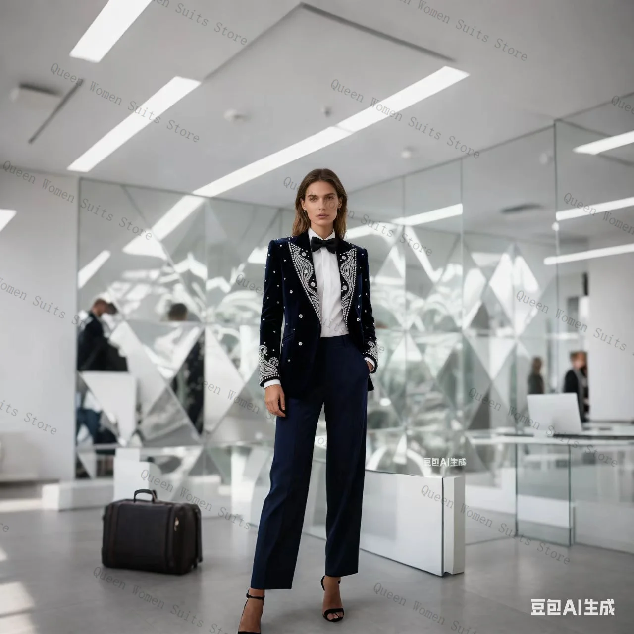 

Black Crystals Women Suit Set 2 Pcs Blazer+Straight Pants Trousers Customized Formal Wedding Tuxedo Cotton Prom Coat Jacket