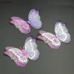 10pcs 75mm Four-layer Lavendar Pruple Stone Organza Butterflies Fabric Butterfly Applique Patches Bridal Wedding Decoration