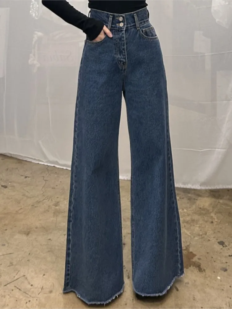 Jeans retrô de cintura alta feminina, calça longa, perna larga, solta, plissada, estilo coreano, calça feminina, moda outono