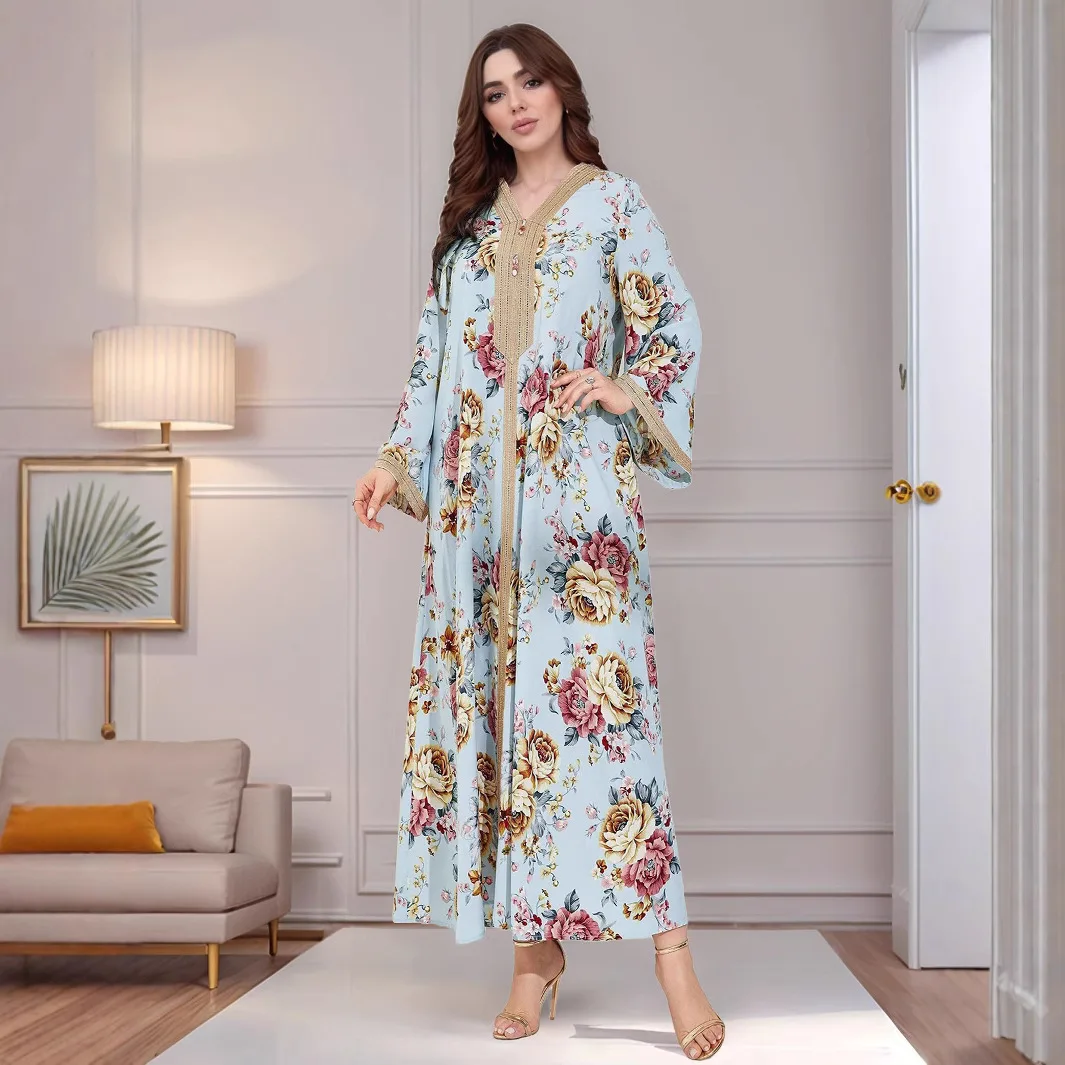 Vestido largo informal holgado con estampado de Oriente Medio para mujer, vestido largo Abaya con manga acampanada y empalme de cinta a la moda con cuello en V