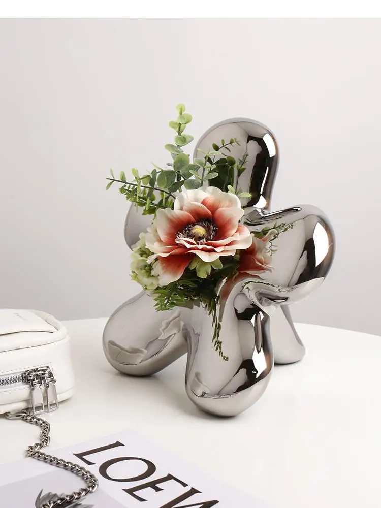 Light Luxury Silver Flower Shape Ceramic Vase Living Room Table Arrangement Art Ornament Crafts Home Decorations