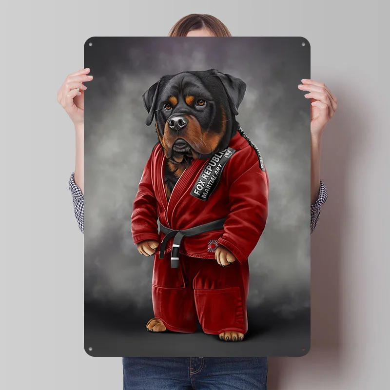 Rottweiler Martial Artist Tinplate Poster Custom Wall Art Vintage Metal Signs Retro Tin Plaque for Decoration Aesthetic House