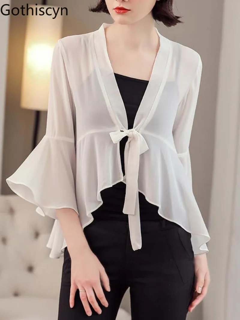 

Gothiscyn Thin Chiffon Shawl Women's Summer V-neck Flared Sleeve Lace-up Cardigan Shirt Fashion Female Clothes