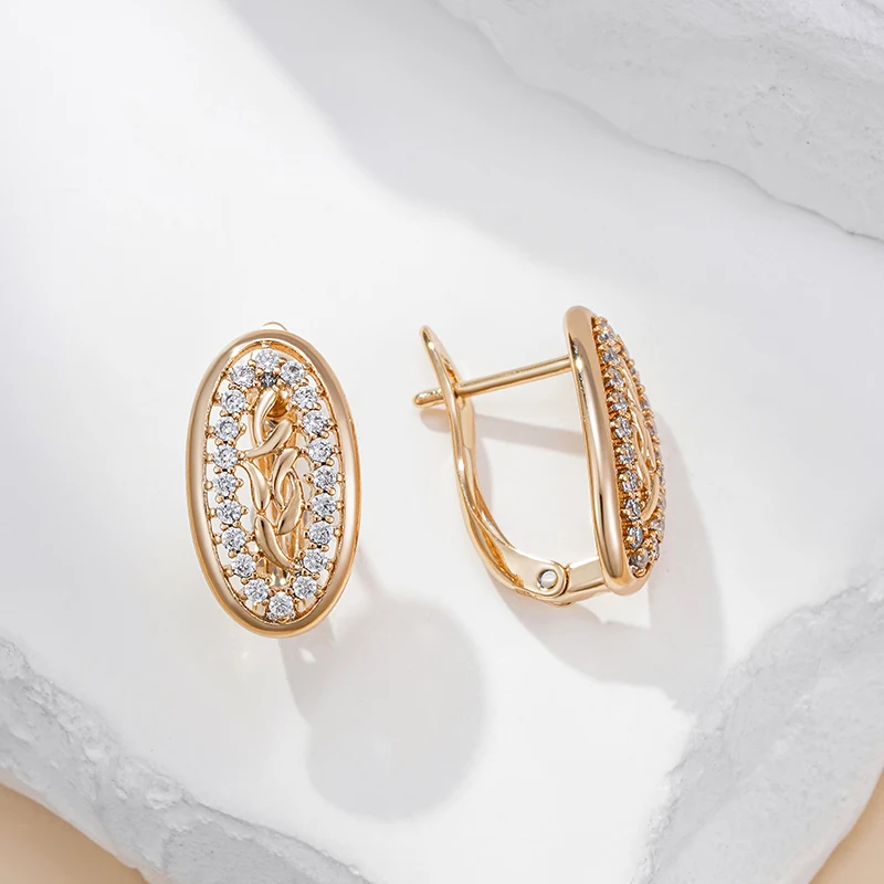 Wbmqda Sparkling Hollow Oval Zircon Hoop Earrings For Women 585 Rose Gold Color Romance Fashion Wedding Party Jewelry Gift