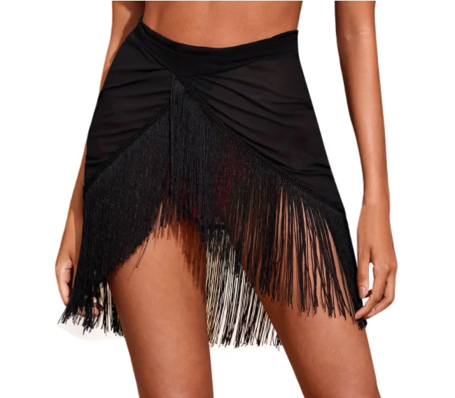 2023 Womens Tassel Latin Skirt Sexy Black Asymmetrical Fringed Ballet Samba Tango Dancing Costume Competition Stage Dancewear